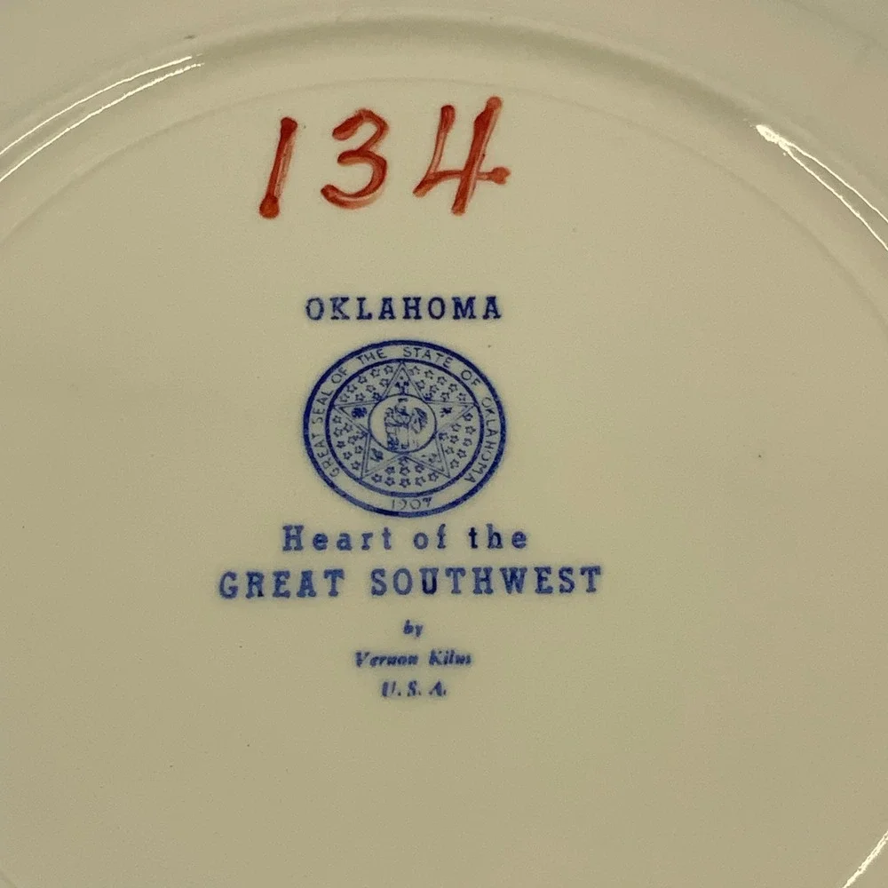 Vintage Vernon Kilns Oklahoma Heart of the Great Southwest Ceramic Blue 10.5in